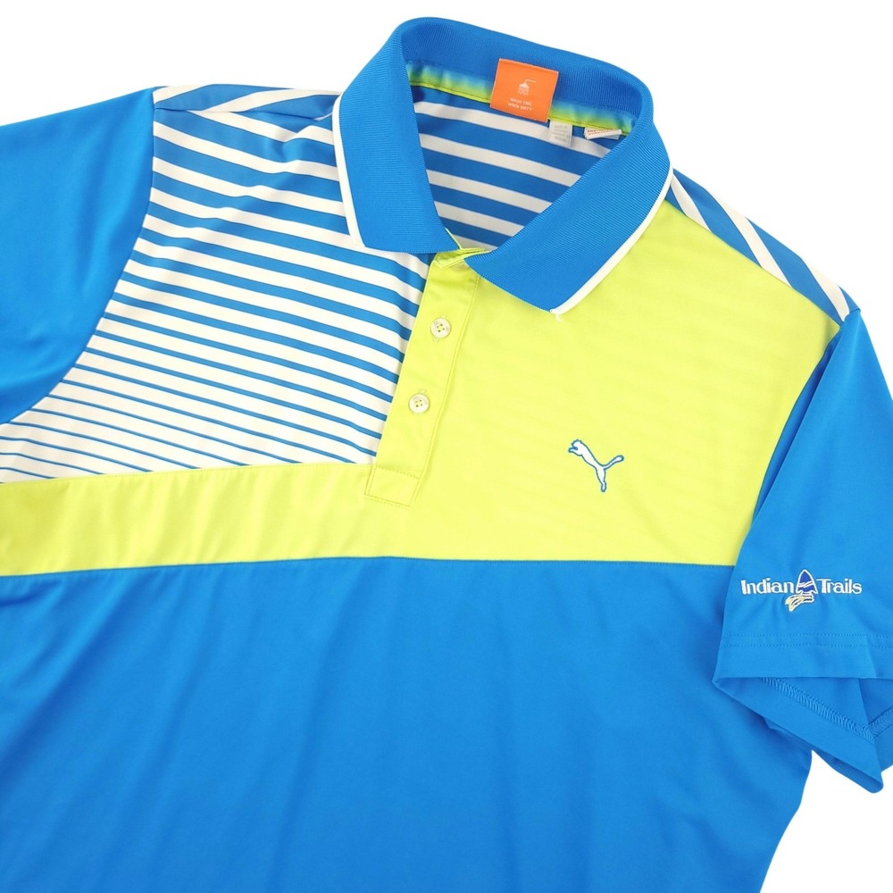 Puma Polo Shirt Mens L Blue Stripe Golf DryCell Performance Indian Trails Top
